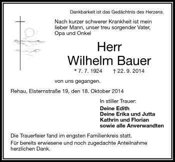 Traueranzeige von Wilhelm Bauer von Frankenpost