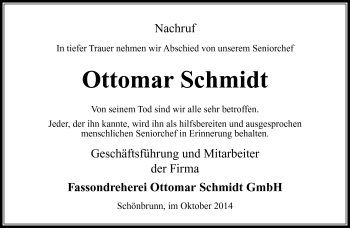 Traueranzeige von Ottomar Schmidt von Südthüringer Presse