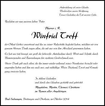 Traueranzeige von Winfried Treff von Südthüringer Presse