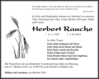 Traueranzeige von Herbert Rauche von Südthüringer Presse