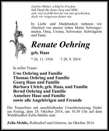 Traueranzeige von Renate Oehring von Südthüringer Presse
