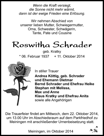 Traueranzeige von Roswitha Schrader von Südthüringer Presse