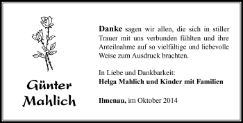Traueranzeige von Günter Mahlich von Südthüringer Presse