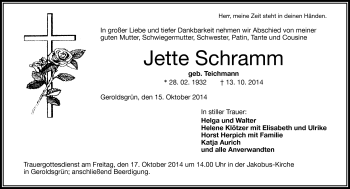 Traueranzeige von Jette Schramm von Frankenpost