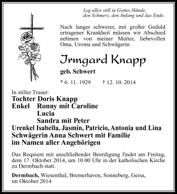 Traueranzeige von Irmgard Knapp von Südthüringer Presse