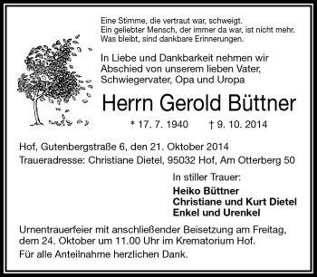 Traueranzeige von Gerold Büttner von Frankenpost