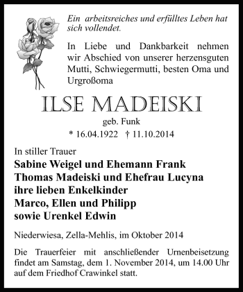 Traueranzeige von Ilse Madeiski von Südthüringer Presse