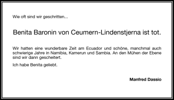 Traueranzeige von Benita von Ceumern-Lindenstjerna von Frankenpost
