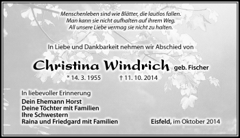 Traueranzeige von Christina Windrich von Südthüringer Presse