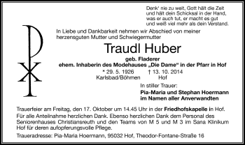 Traueranzeige von Traudl Huber von Frankenpost