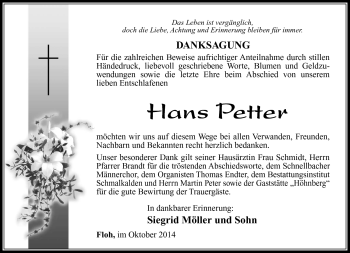 Traueranzeige von Hans Petter von Südthüringer Presse