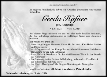 Traueranzeige von Gerda Häfner von Südthüringer Presse
