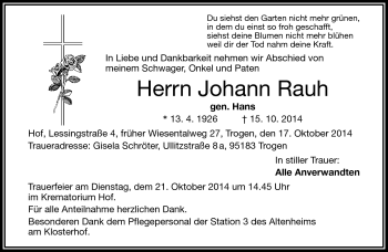 Traueranzeige von Johannes Rauh von Frankenpost