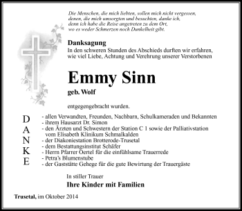 Traueranzeige von Emmy Sinn von Südthüringer Presse