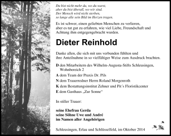 Traueranzeige von Dieter Reinhold von Südthüringer Presse