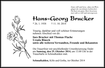 Traueranzeige von Hans-Georg Brucker von Südthüringer Presse