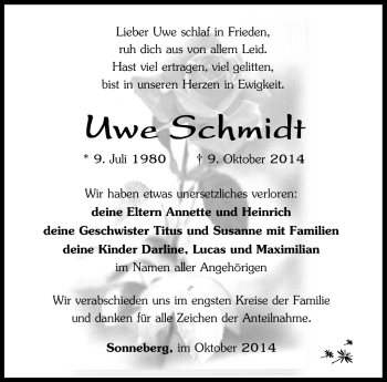 Traueranzeige von Uwe Schmidt von Südthüringer Presse