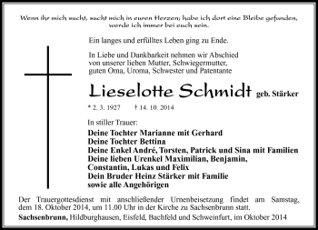 Traueranzeige von Lieselotte Schmidt von Südthüringer Presse