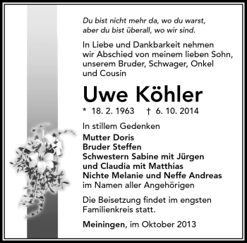 Traueranzeige von Uwe Köhler von Südthüringer Presse