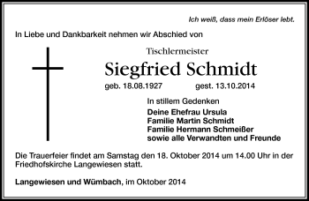 Traueranzeige von Siegfried Schmidt von Südthüringer Presse