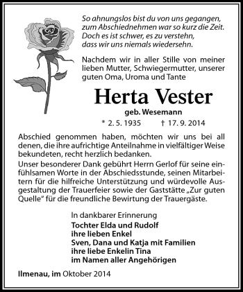 Traueranzeige von herta Vester von Südthüringer Presse