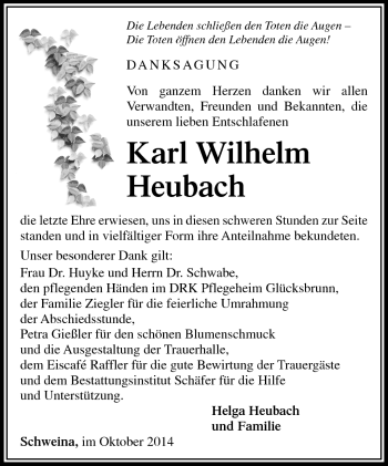 Traueranzeige von Karl Wilhelm Heubach von Südthüringer Presse