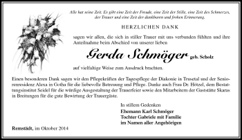 Traueranzeige von Gerda Schmöger von Südthüringer Presse