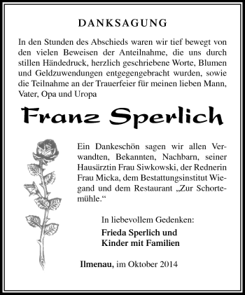 Traueranzeige von Franz Sperlich von Südthüringer Presse
