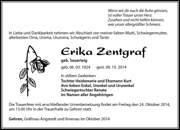 Traueranzeige von Erika Zentgraf von Südthüringer Presse
