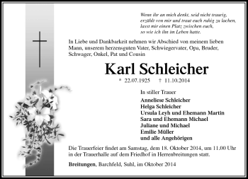 Traueranzeige von Karl Schleicher von Südthüringer Presse