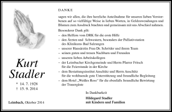 Traueranzeige von Kurt Stadler von Südthüringer Presse