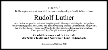 Traueranzeige von Rudolf Luther von Südthüringer Presse