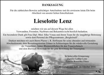 Traueranzeige von Lieselotte Lenz von Südthüringer Presse