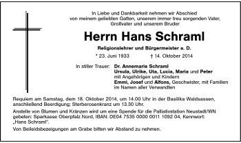 Traueranzeige von Hans Schraml von Frankenpost
