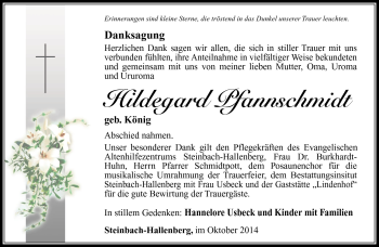 Traueranzeige von Hildegard Pfannschmidt von Südthüringer Presse