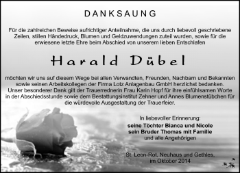 Traueranzeige von Harald Dübel von Südthüringer Presse