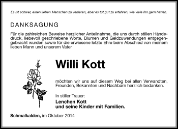Traueranzeige von Willi Kott von Südthüringer Presse