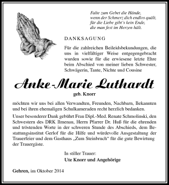 Traueranzeige von Anke-Marie Luthardt von Südthüringer Presse