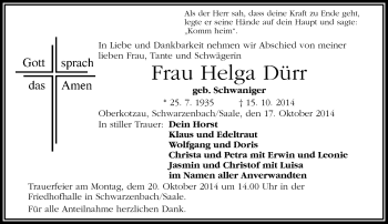 Traueranzeige von Helg Dürr von Frankenpost