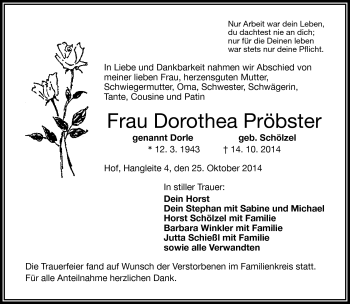 Traueranzeige von Dorothea Pröbster von Frankenpost