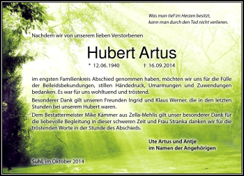Traueranzeige von Hubert Artus von Südthüringer Presse