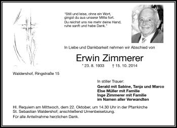 Traueranzeige von Erwin Zimmerer von Frankenpost