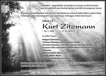 Traueranzeige von Kurt Zitzmann von Südthüringer Presse