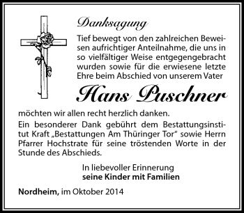 Traueranzeige von Hans Puschner von Südthüringer Presse