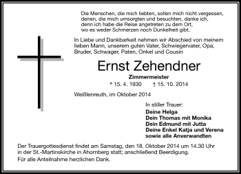 Traueranzeige von Ernst Zehendner von Frankenpost