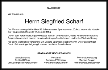 Traueranzeige von Scharf Siegfried von Frankenpost