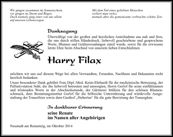 Traueranzeige von Harry Filax von Südthüringer Presse