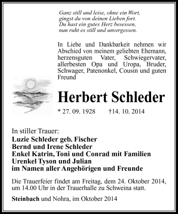 Traueranzeige von Herbert Schleder von Südthüringer Presse