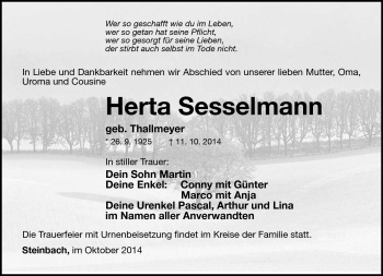 Traueranzeige von Herta Sesselmann von Südthüringer Presse