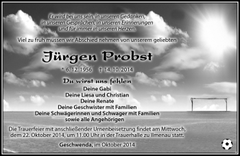 Traueranzeige von Jürgen Probst von Südthüringer Presse